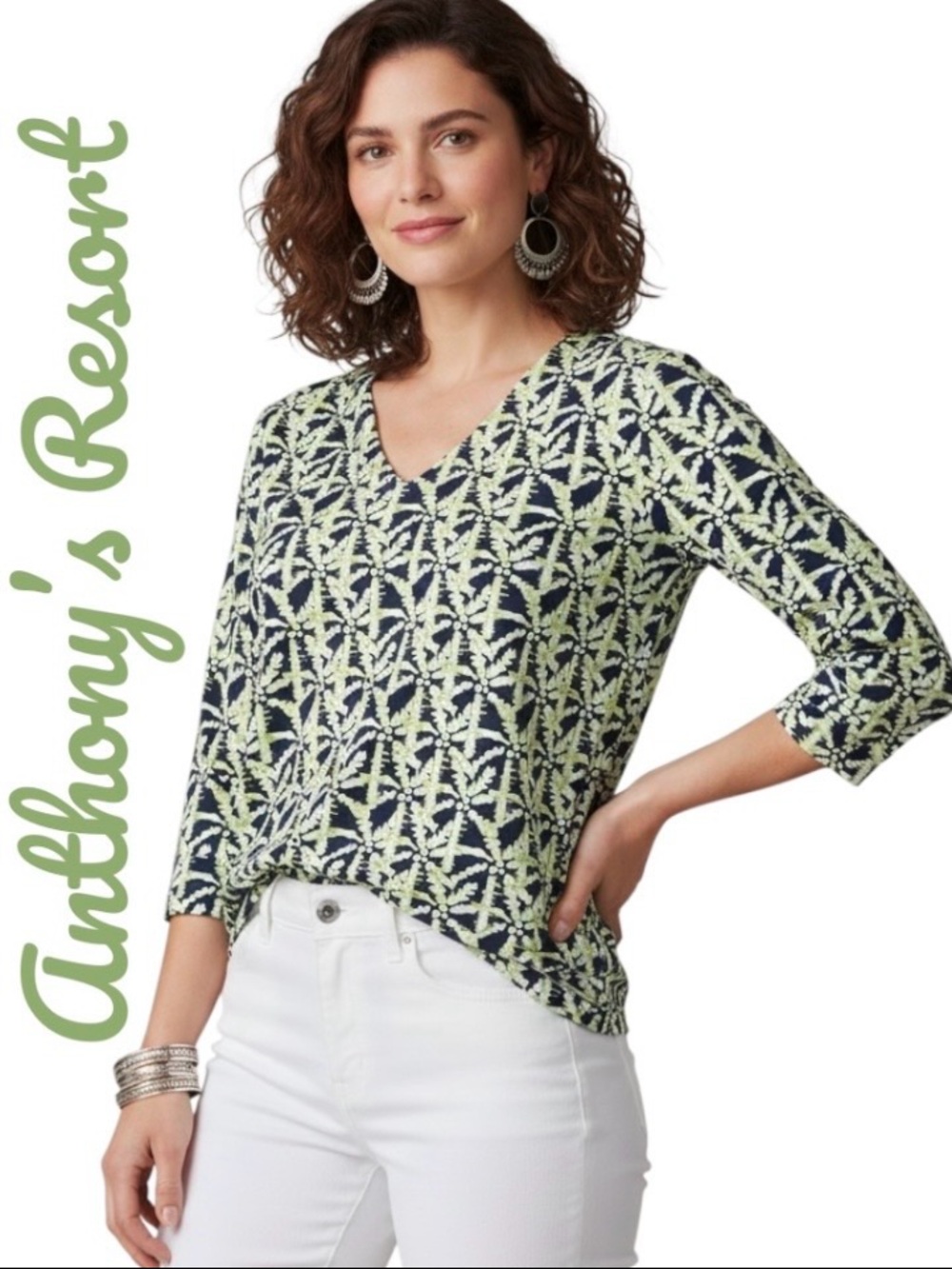 Anthony’s Resort Florida By Lulu-B UPF 50+ Palm Tree Print 3/4 Sleeve Top Sz M
